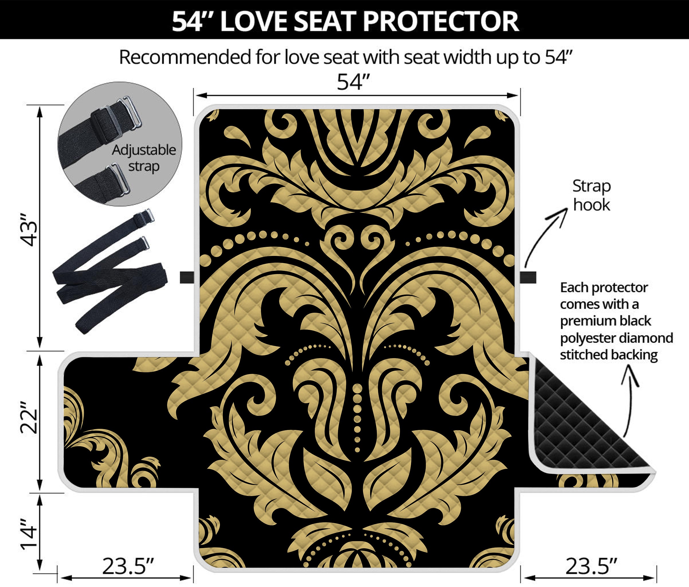 Black And Beige Damask Pattern Print Loveseat Protector