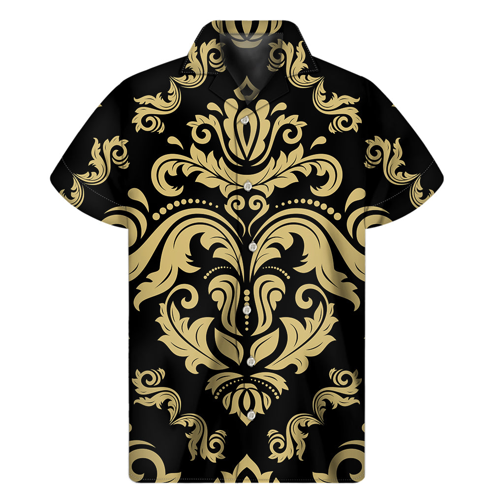 Black And Beige Damask Pattern Print Men's Short Sleeve Shirt