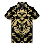 Black And Beige Damask Pattern Print Men's Short Sleeve Shirt