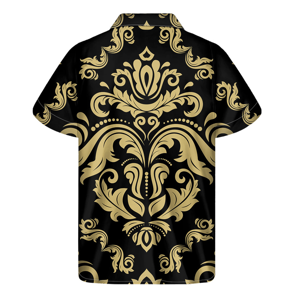 Black And Beige Damask Pattern Print Men's Short Sleeve Shirt
