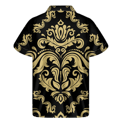 Black And Beige Damask Pattern Print Men's Short Sleeve Shirt
