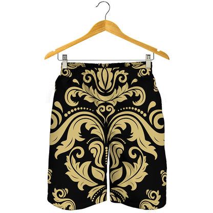 Black And Beige Damask Pattern Print Men's Shorts