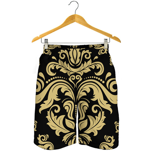 Black And Beige Damask Pattern Print Men's Shorts