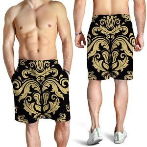 Black And Beige Damask Pattern Print Men's Shorts