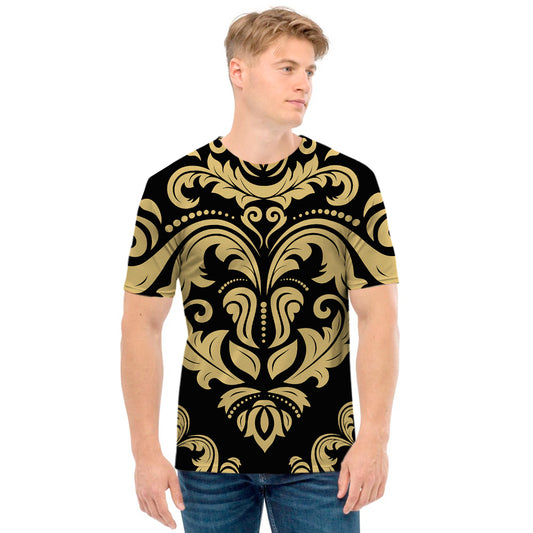 Black And Beige Damask Pattern Print Men's T-Shirt