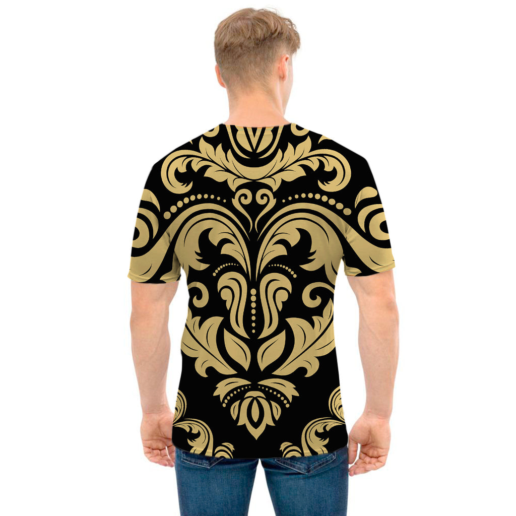 Black And Beige Damask Pattern Print Men's T-Shirt