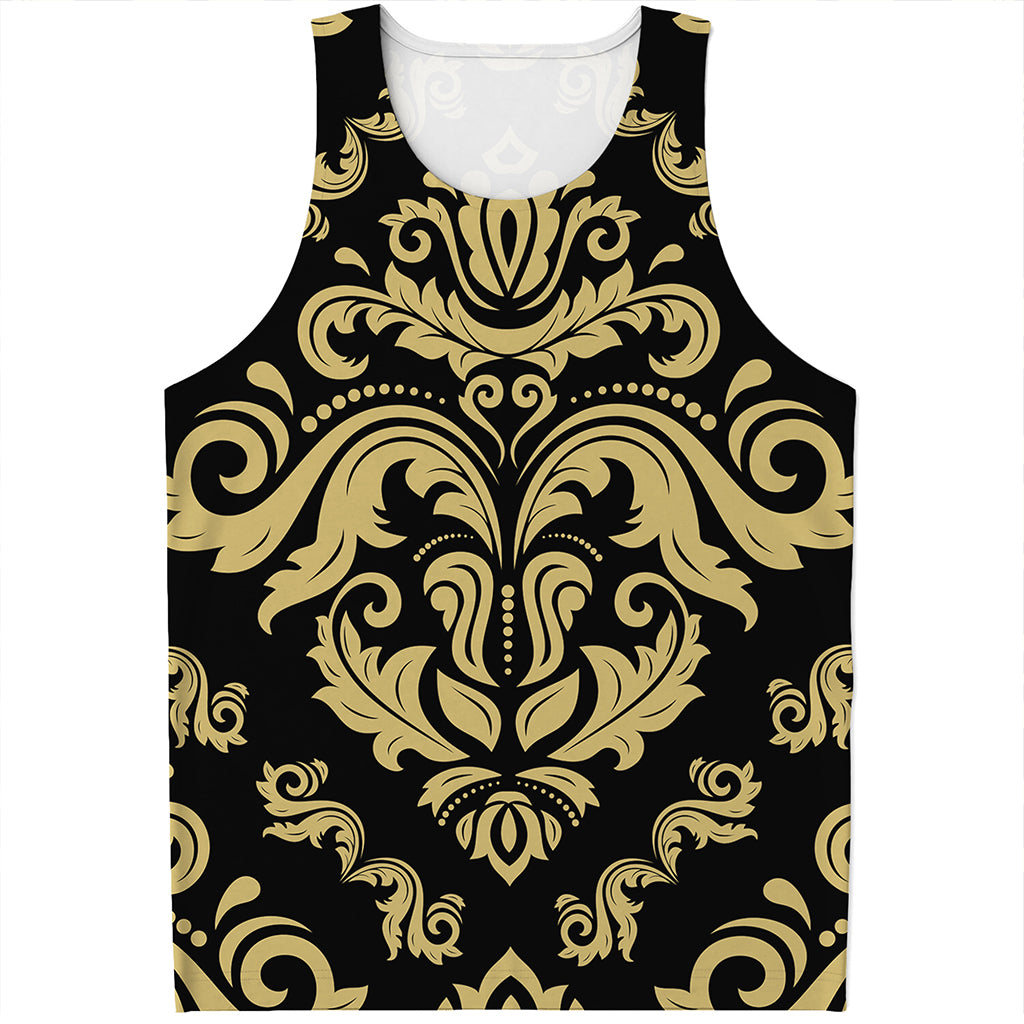 Black And Beige Damask Pattern Print Men's Tank Top