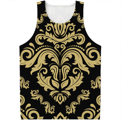 Black And Beige Damask Pattern Print Men's Tank Top