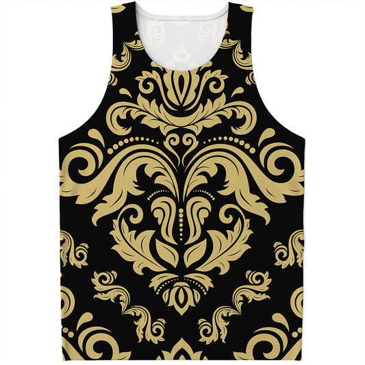 Black And Beige Damask Pattern Print Men's Tank Top