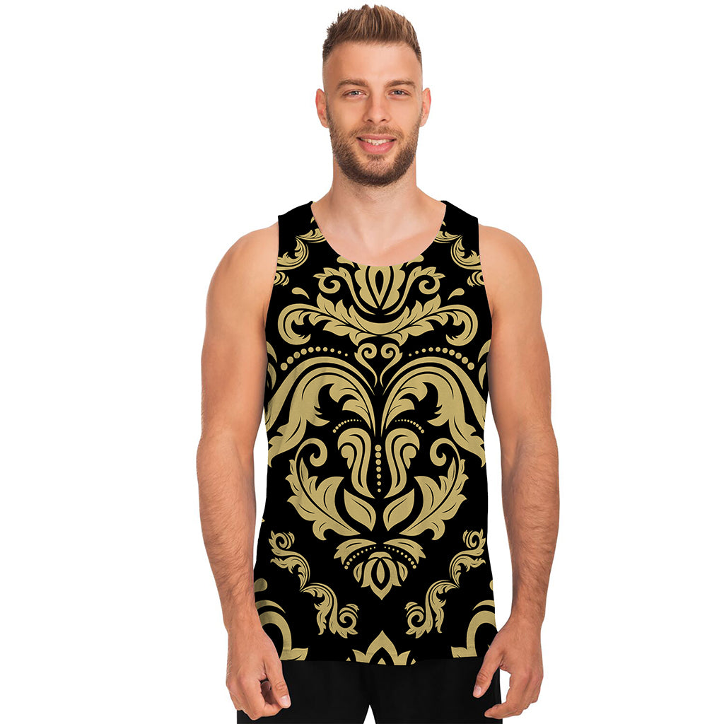 Black And Beige Damask Pattern Print Men's Tank Top