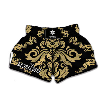 Black And Beige Damask Pattern Print Muay Thai Boxing Shorts