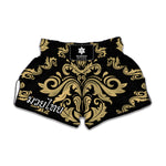 Black And Beige Damask Pattern Print Muay Thai Boxing Shorts