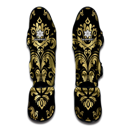 Black And Beige Damask Pattern Print Muay Thai Shin Guard
