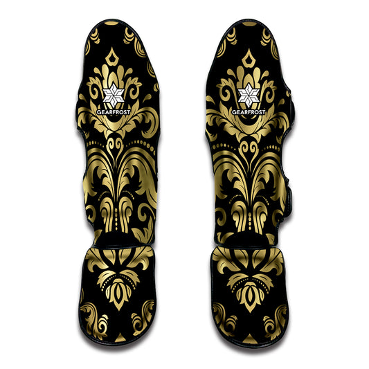 Black And Beige Damask Pattern Print Muay Thai Shin Guard