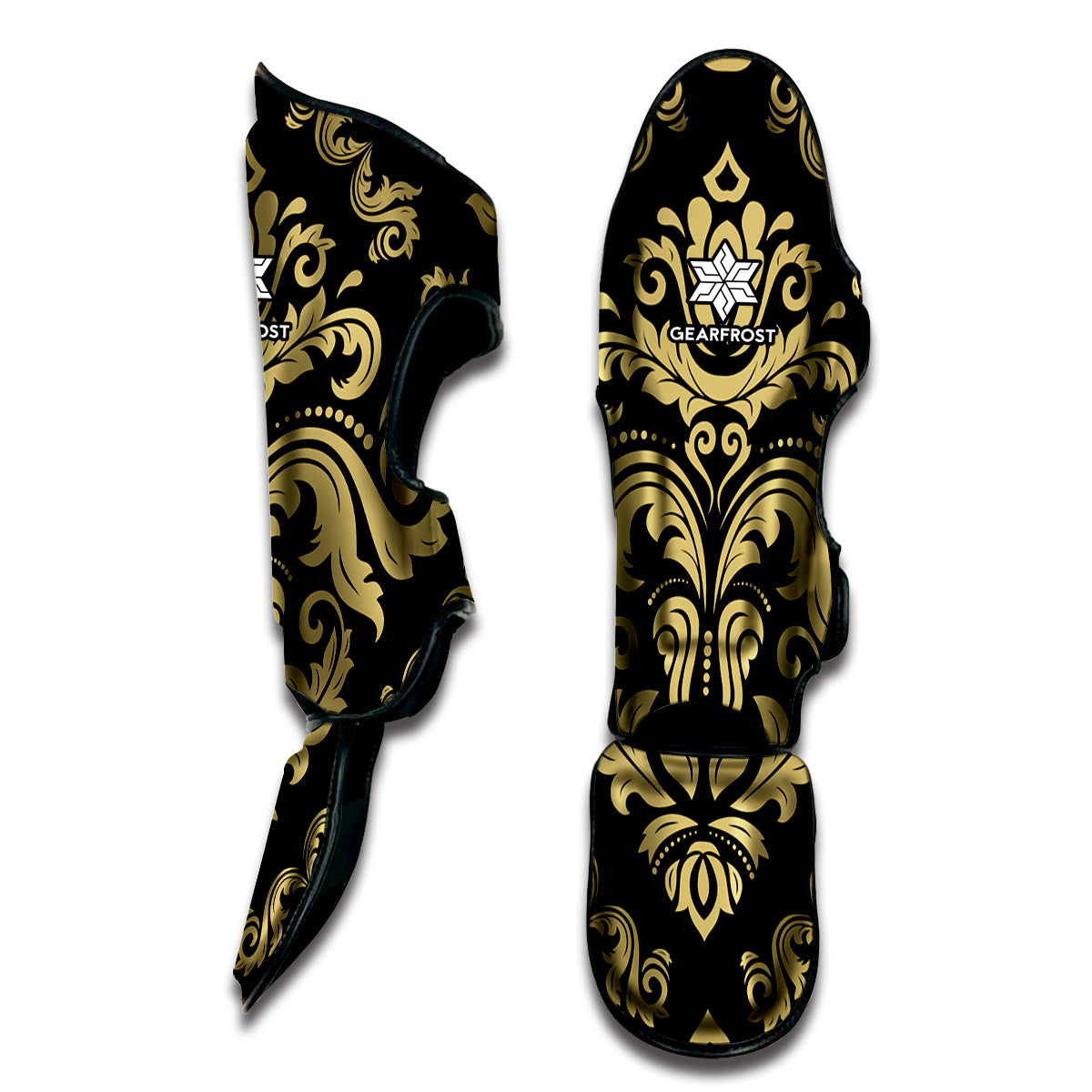 Black And Beige Damask Pattern Print Muay Thai Shin Guard