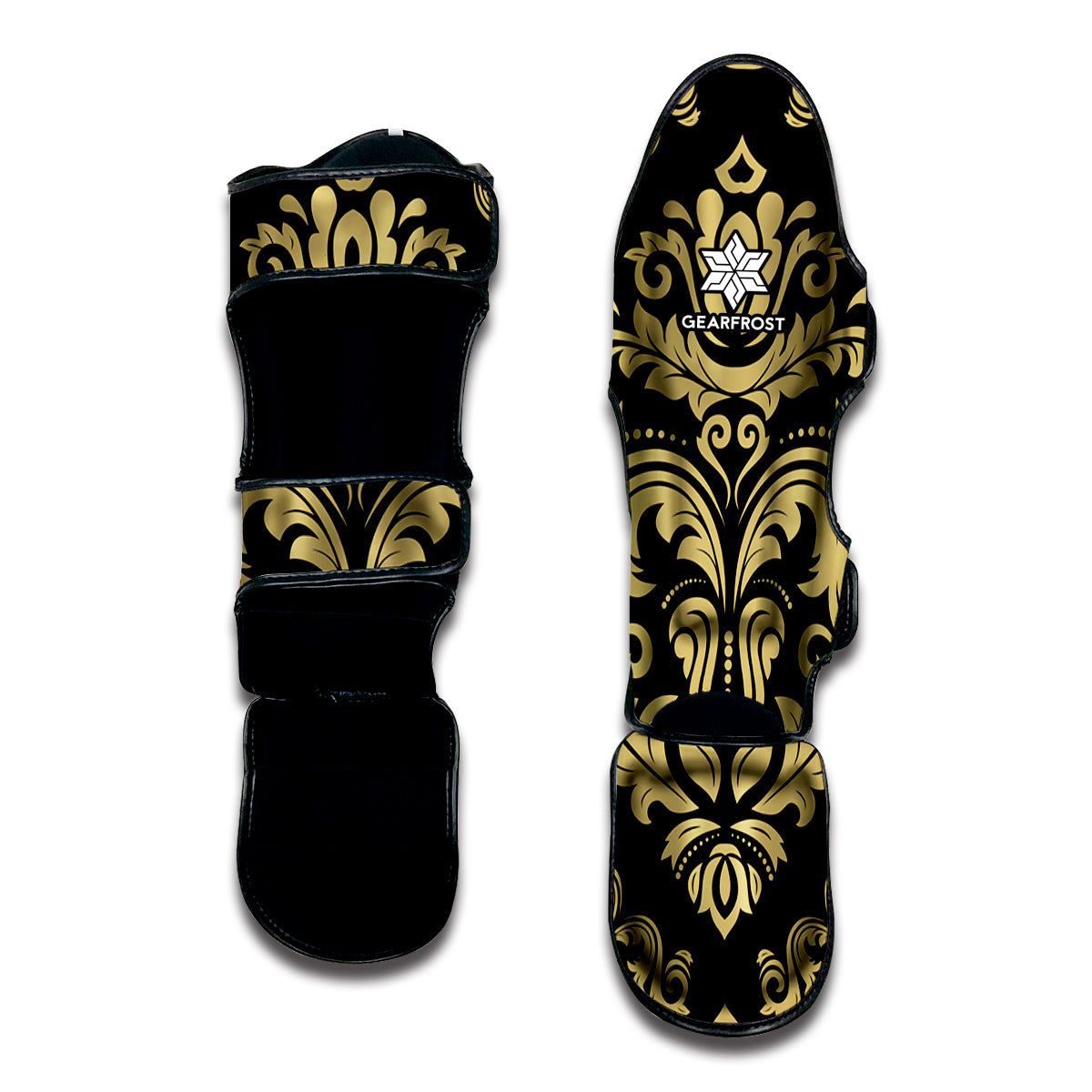 Black And Beige Damask Pattern Print Muay Thai Shin Guard