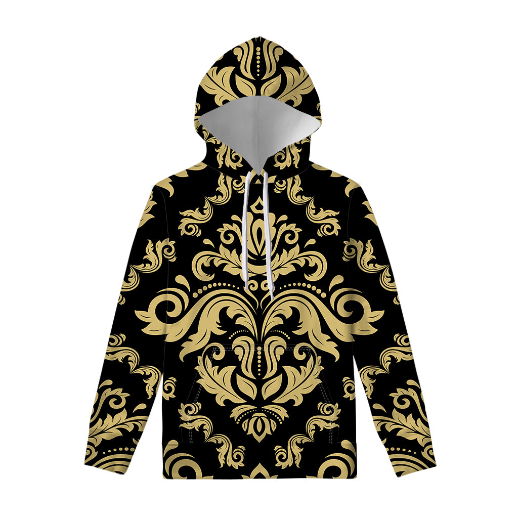 Black And Beige Damask Pattern Print Pullover Hoodie
