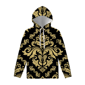 Black And Beige Damask Pattern Print Pullover Hoodie