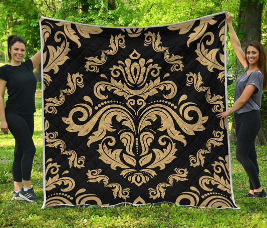 Black And Beige Damask Pattern Print Quilt