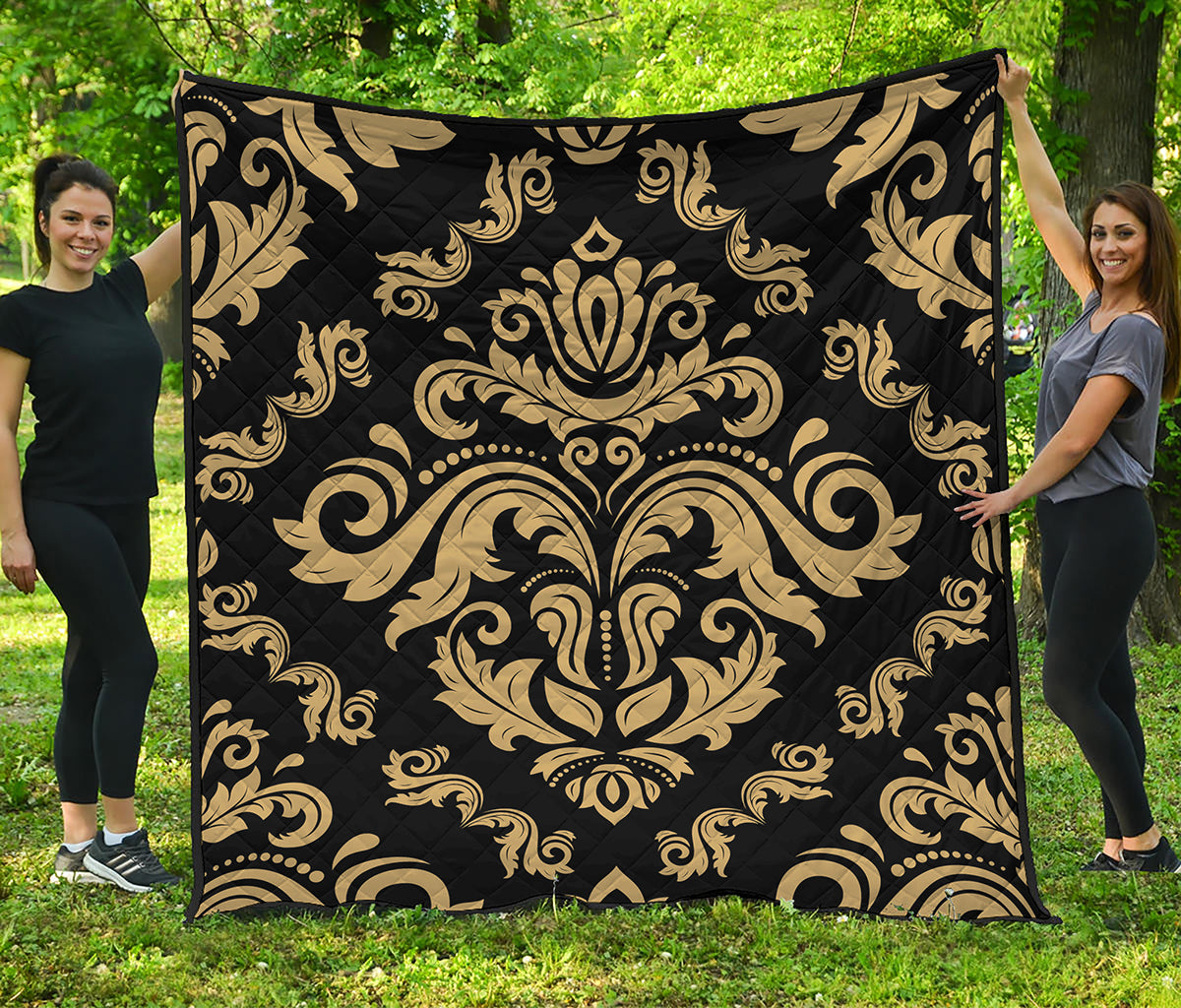 Black And Beige Damask Pattern Print Quilt