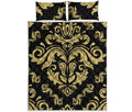 Black And Beige Damask Pattern Print Quilt Bed Set