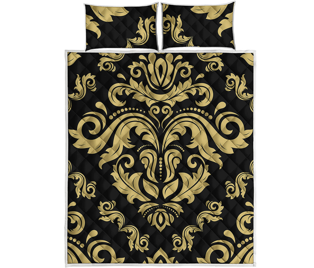 Black And Beige Damask Pattern Print Quilt Bed Set