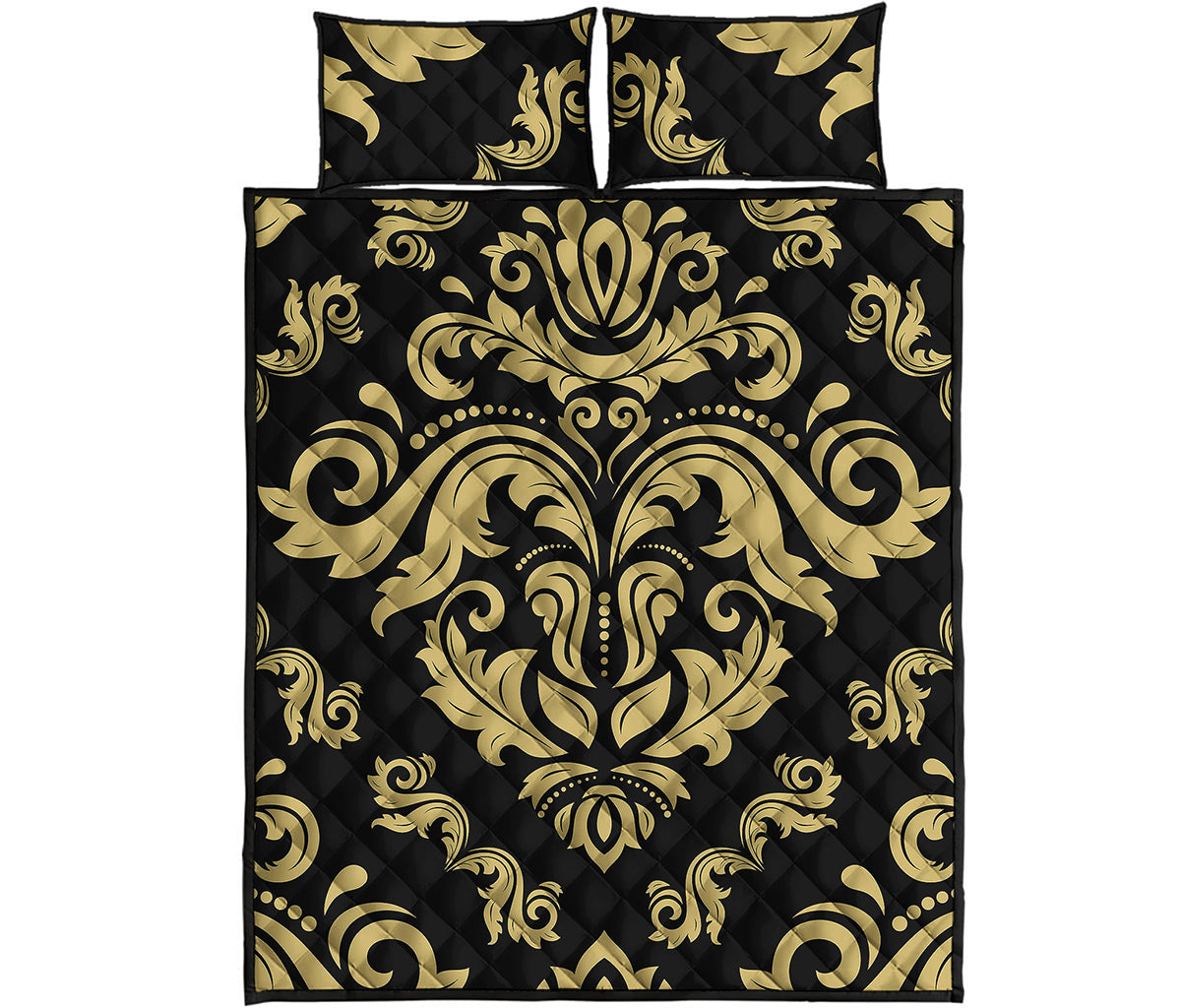 Black And Beige Damask Pattern Print Quilt Bed Set