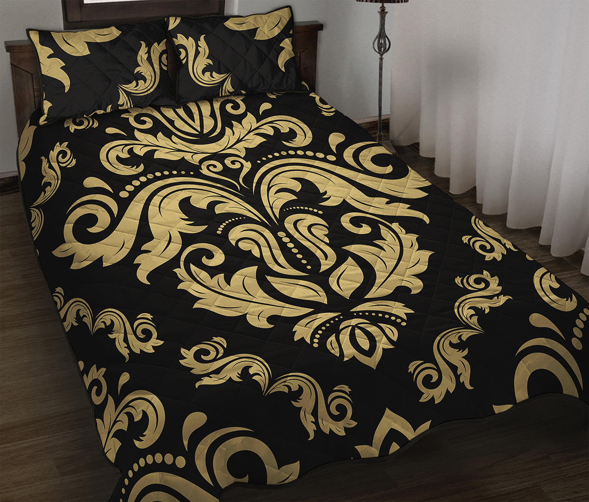 Black And Beige Damask Pattern Print Quilt Bed Set