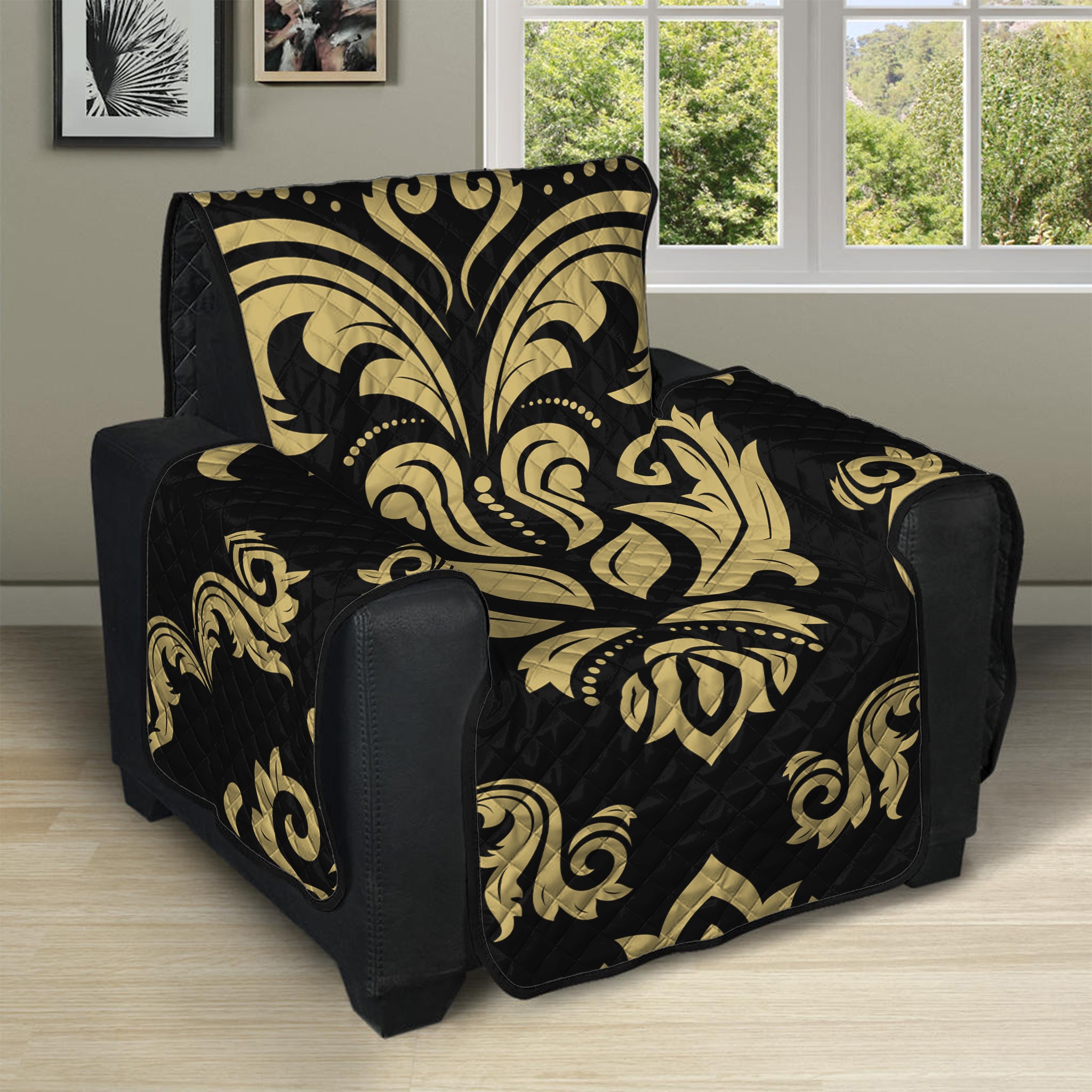 Black And Beige Damask Pattern Print Recliner Protector