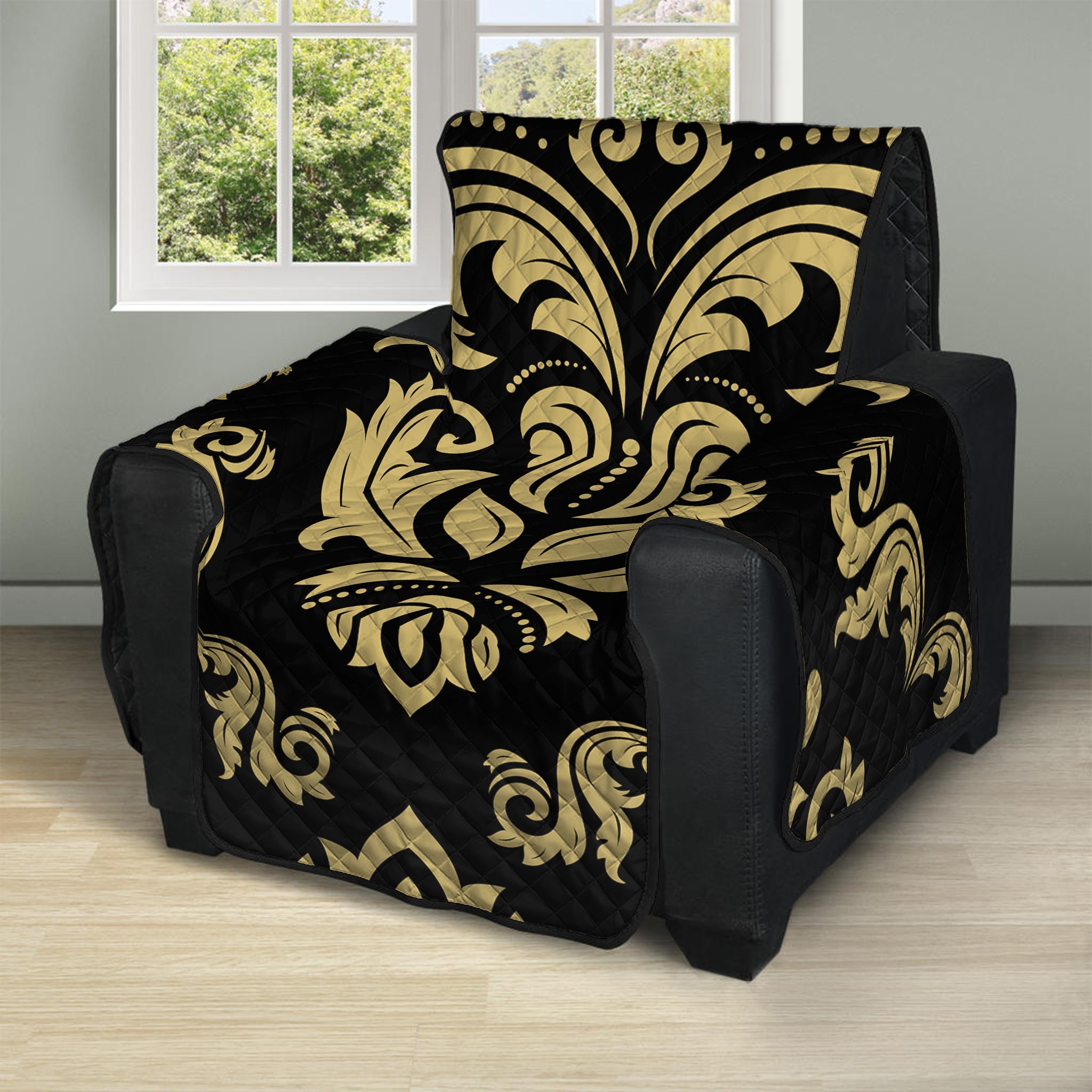 Black And Beige Damask Pattern Print Recliner Protector