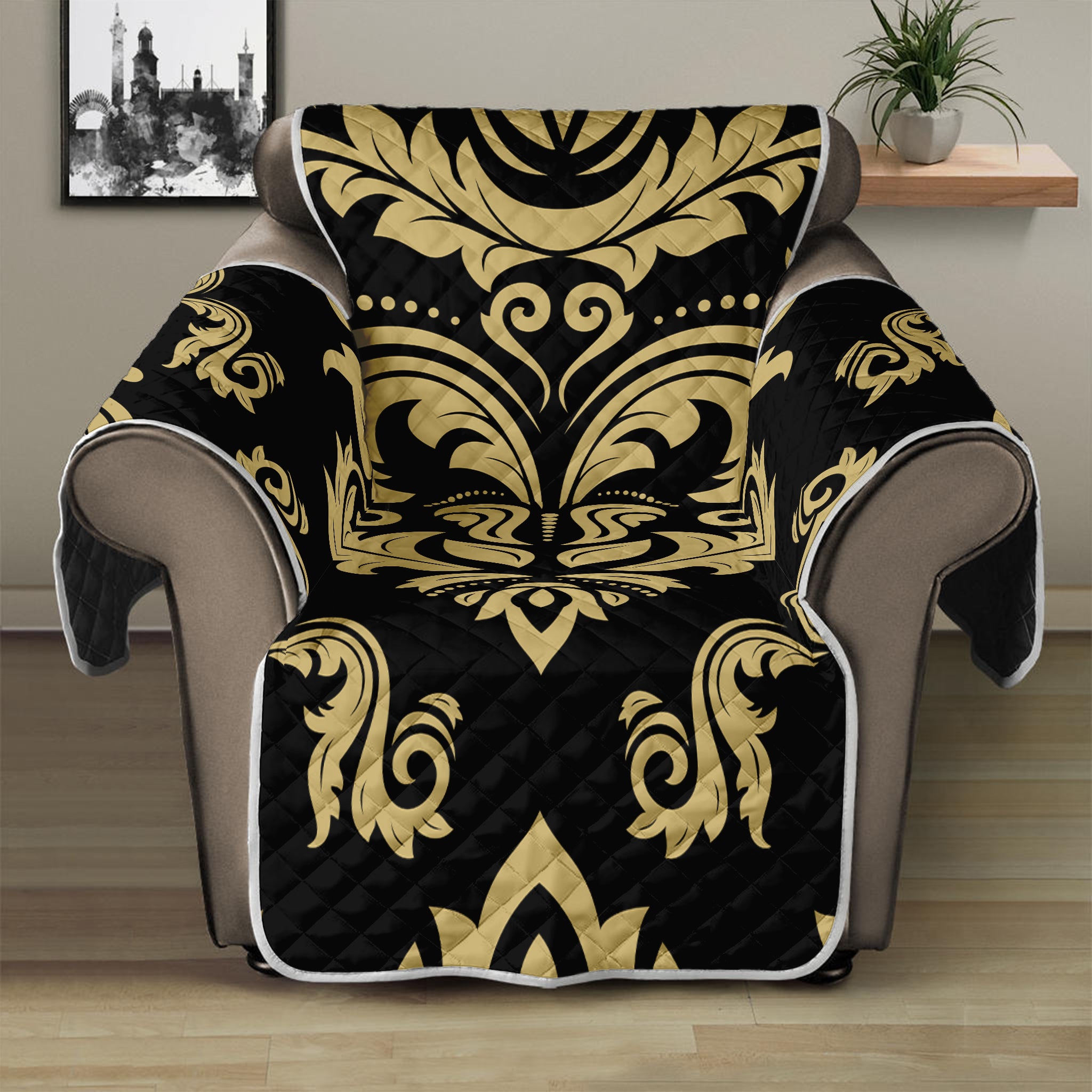 Black And Beige Damask Pattern Print Recliner Protector