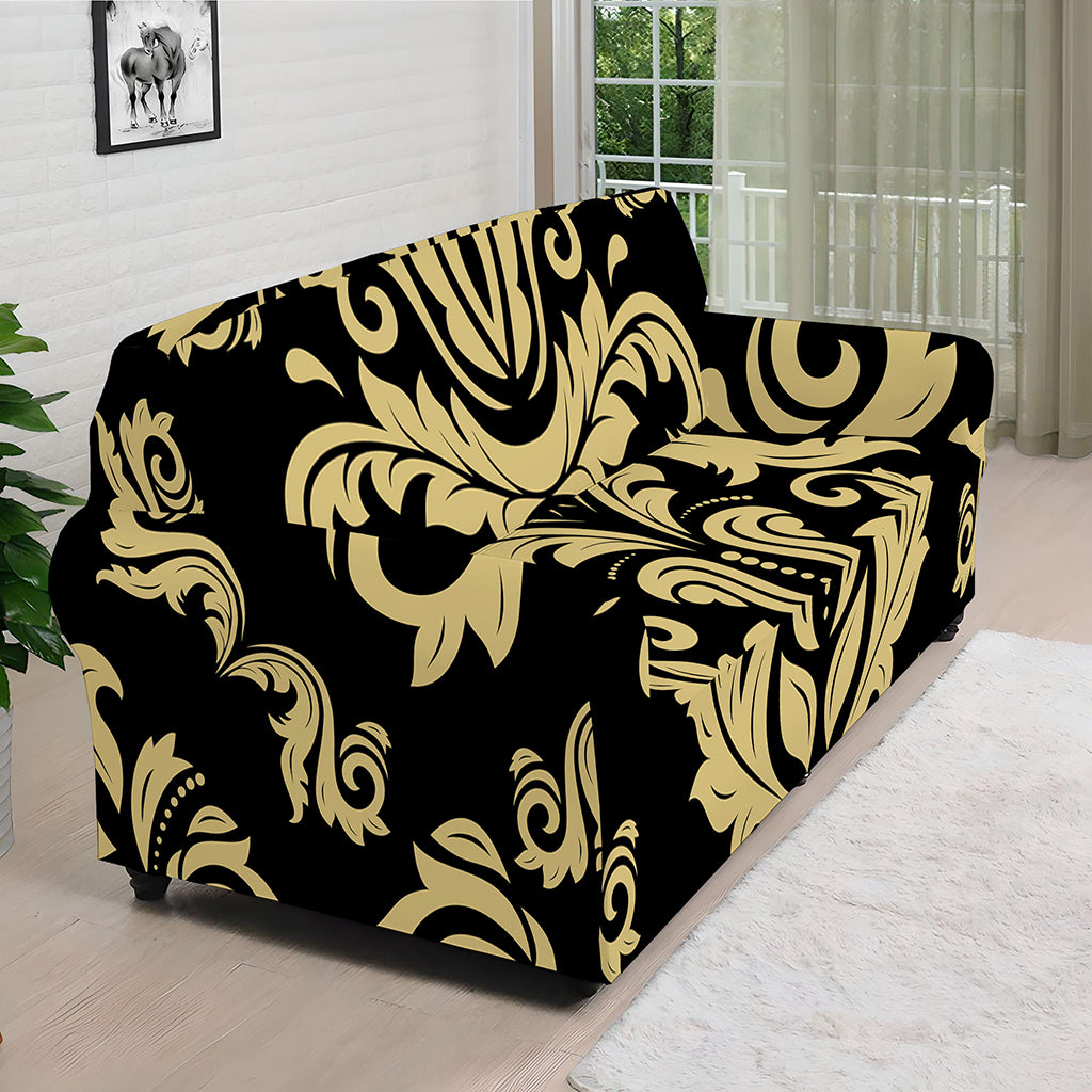 Black And Beige Damask Pattern Print Sofa Cover