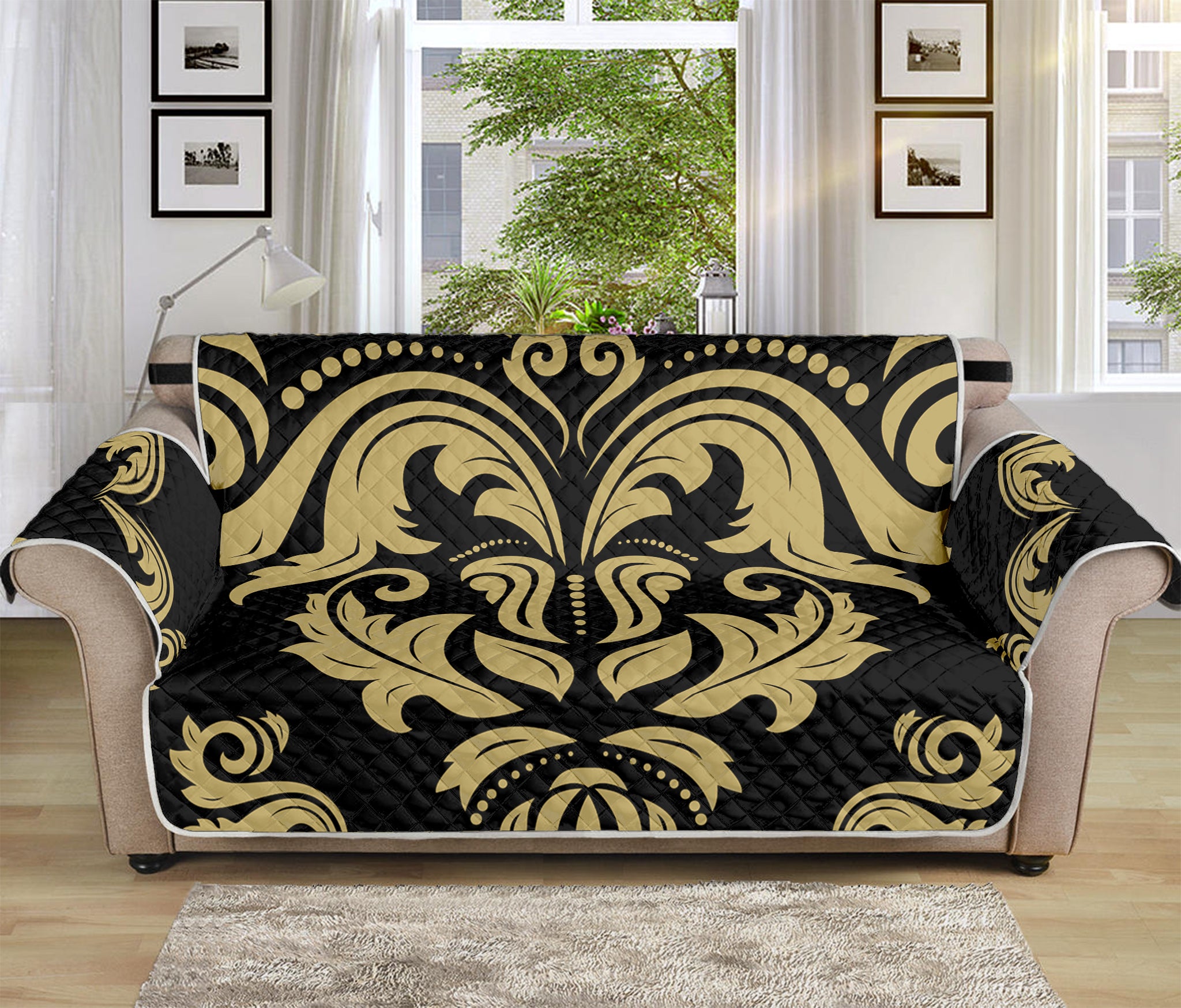 Black And Beige Damask Pattern Print Sofa Protector