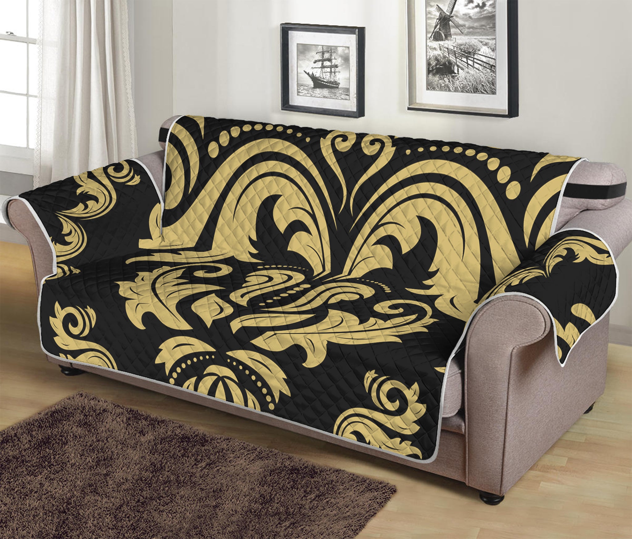 Black And Beige Damask Pattern Print Sofa Protector