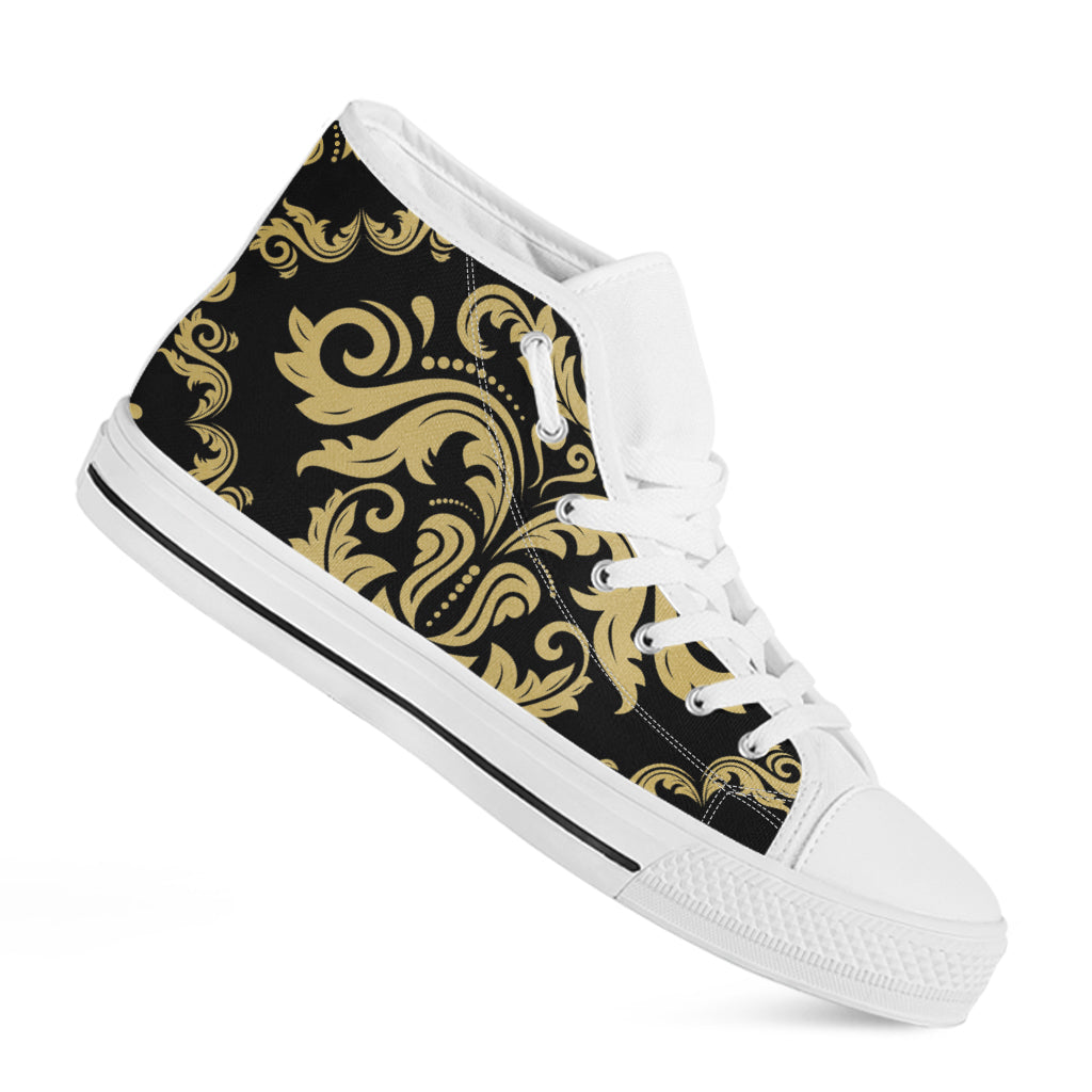 Black And Beige Damask Pattern Print White High Top Shoes