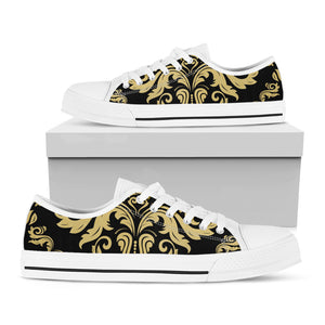 Black And Beige Damask Pattern Print White Low Top Shoes