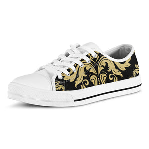 Black And Beige Damask Pattern Print White Low Top Shoes