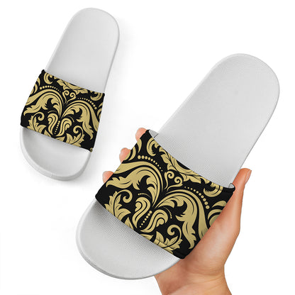 Black And Beige Damask Pattern Print White Slide Sandals