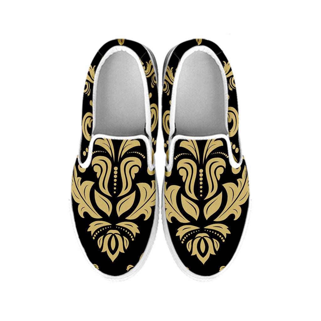 Black And Beige Damask Pattern Print White Slip On Shoes