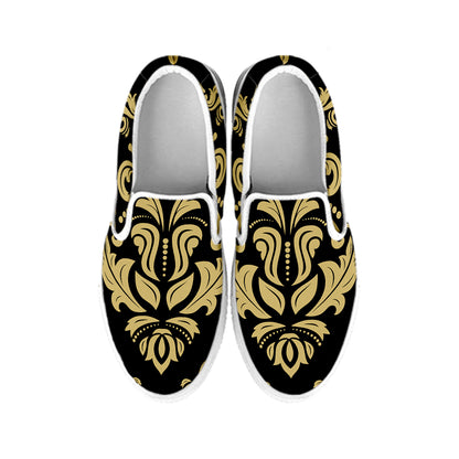 Black And Beige Damask Pattern Print White Slip On Shoes