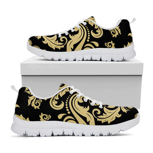 Black And Beige Damask Pattern Print White Sneakers