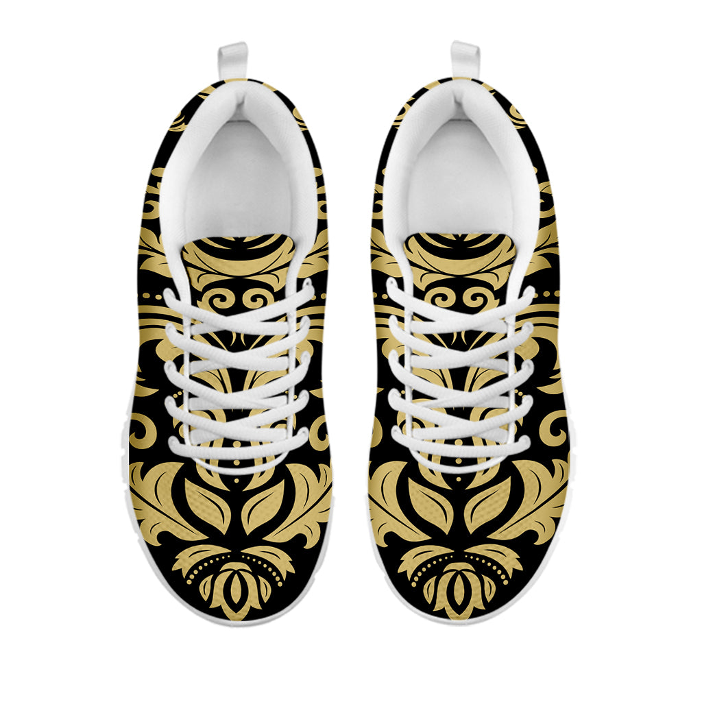 Black And Beige Damask Pattern Print White Sneakers