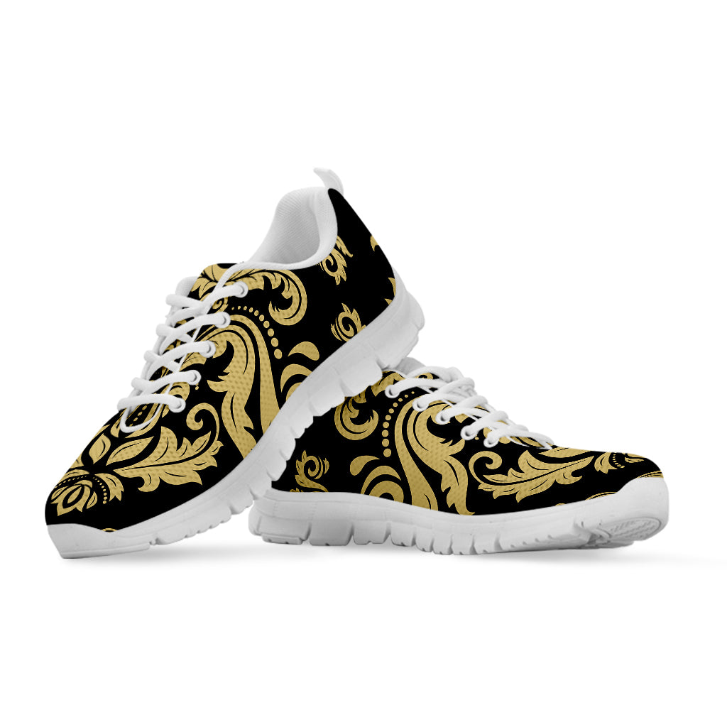 Black And Beige Damask Pattern Print White Sneakers