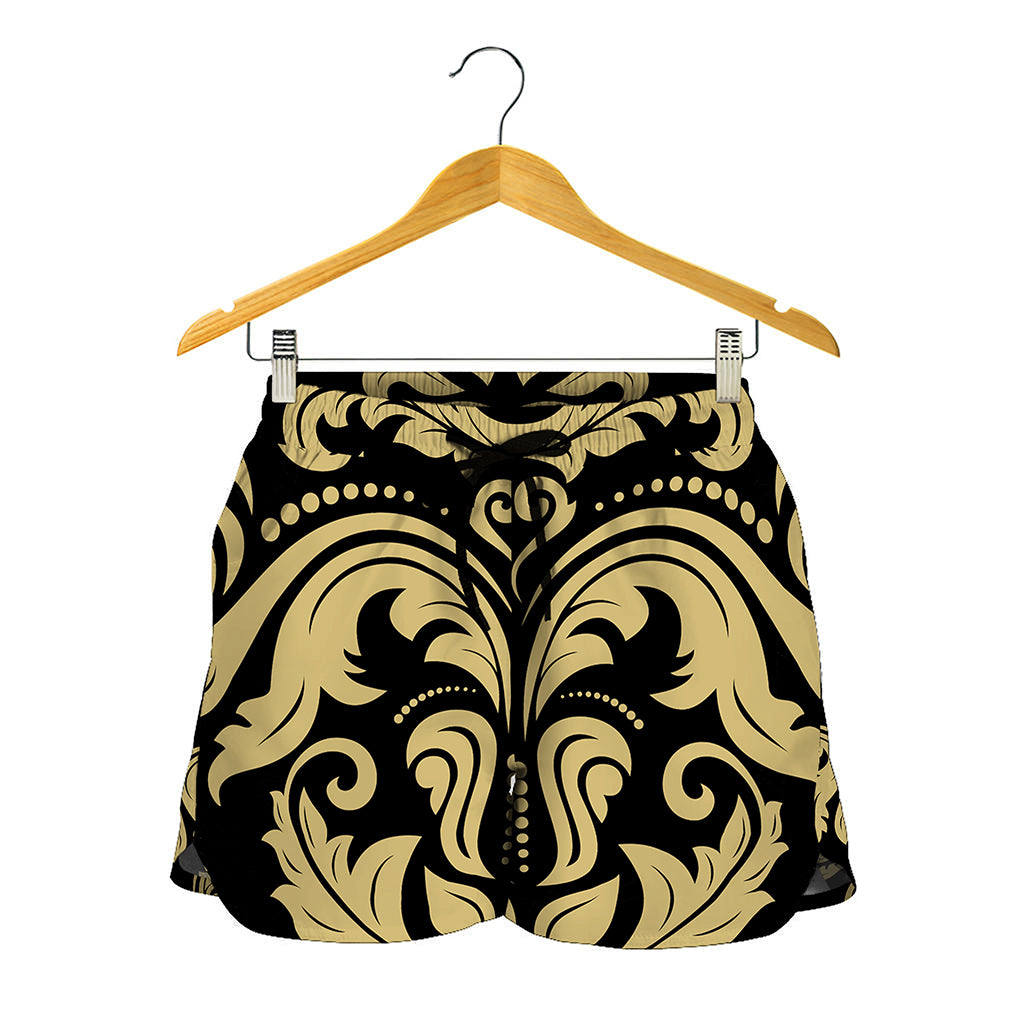 Black And Beige Damask Pattern Print Women's Shorts