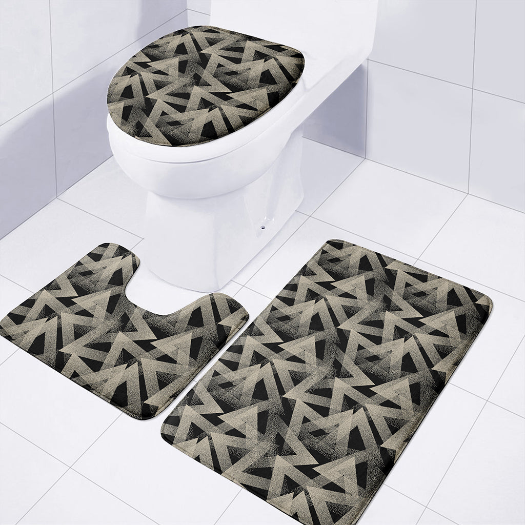 Black And Beige Geometric Triangle Print 3 Piece Bath Mat Set