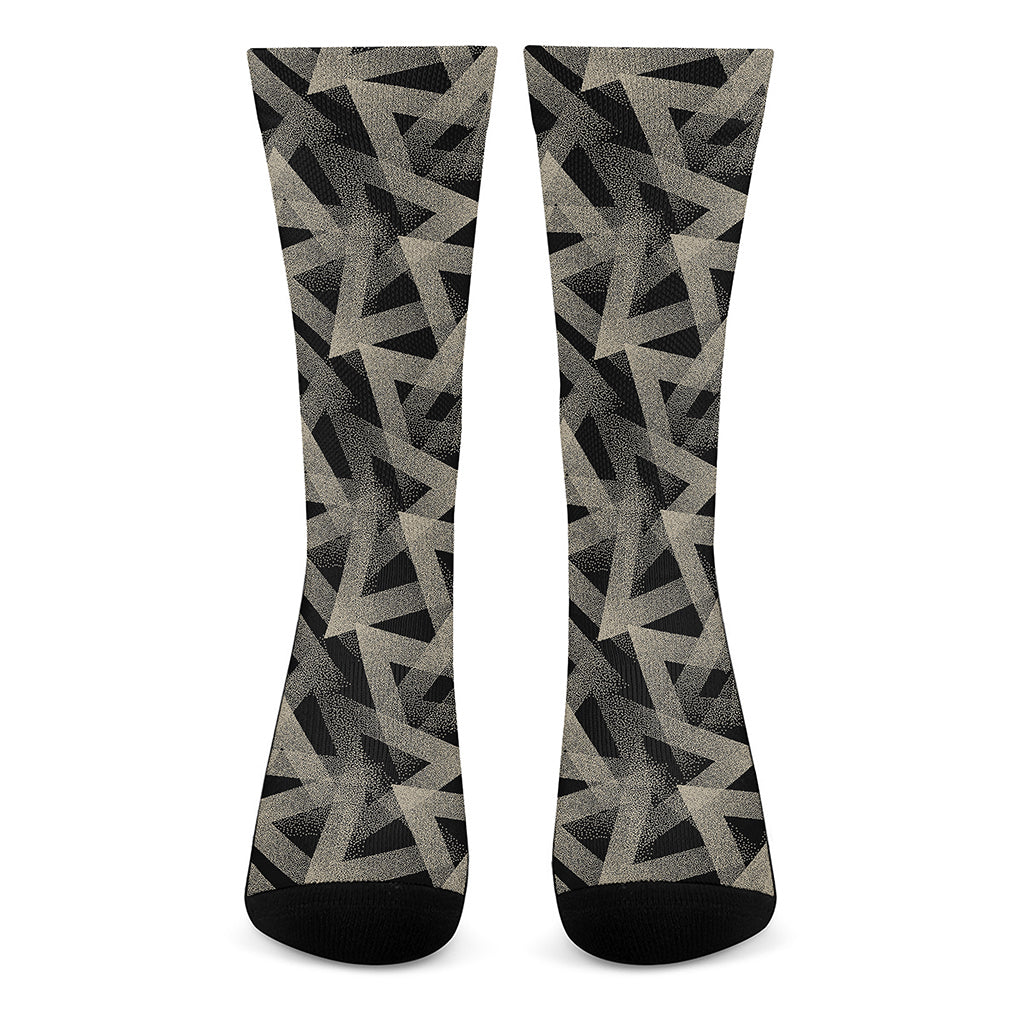 Black And Beige Geometric Triangle Print Crew Socks