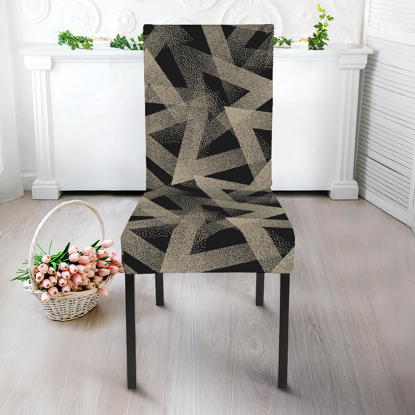 Black And Beige Geometric Triangle Print Dining Chair Slipcover