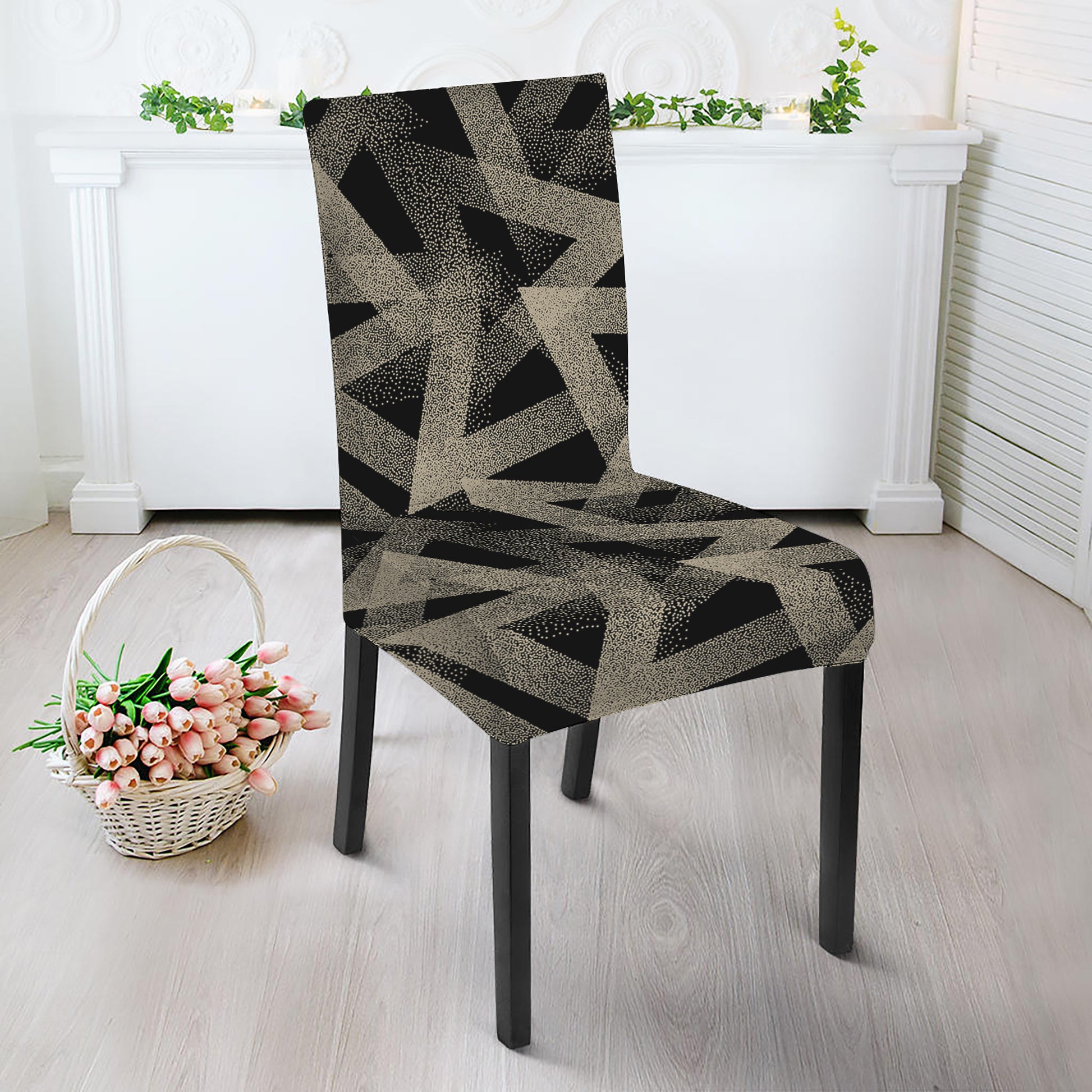 Black And Beige Geometric Triangle Print Dining Chair Slipcover