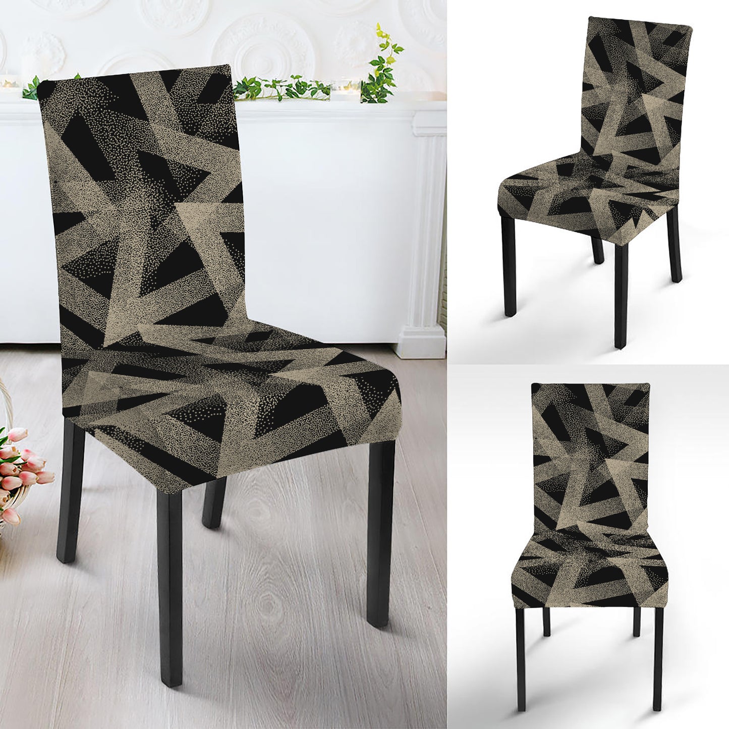 Black And Beige Geometric Triangle Print Dining Chair Slipcover