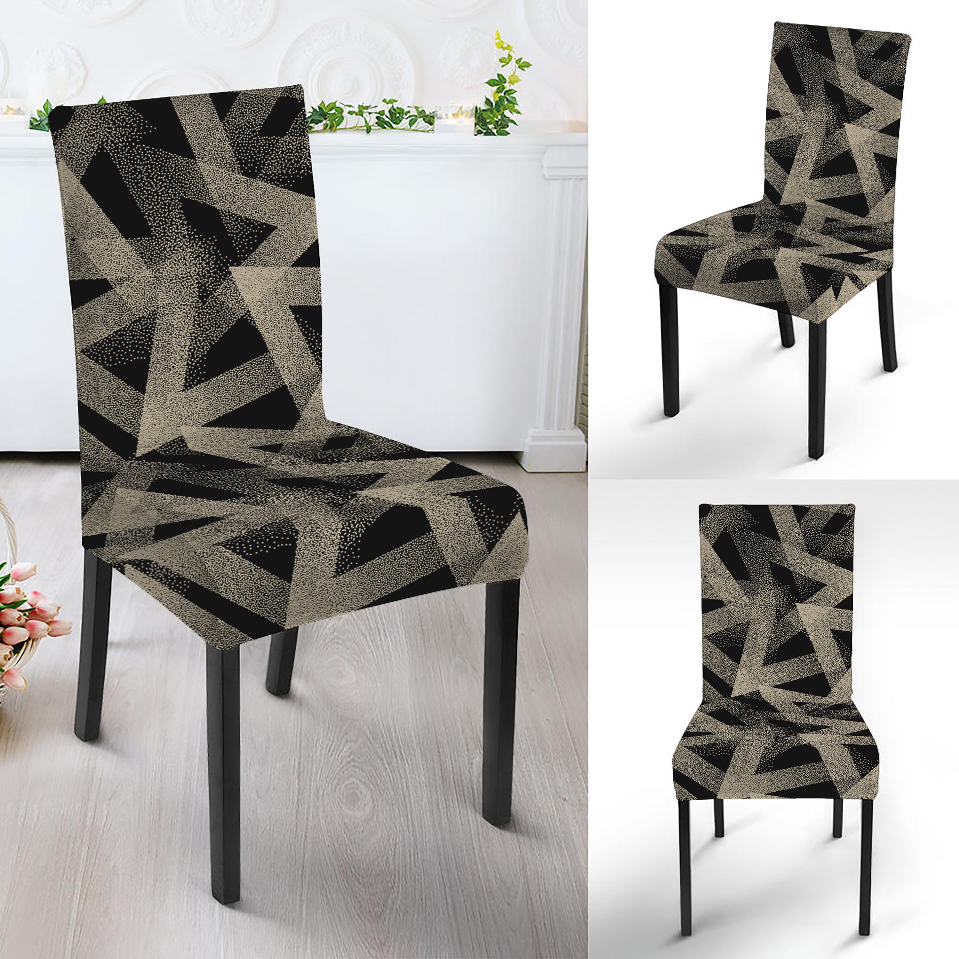 Black And Beige Geometric Triangle Print Dining Chair Slipcover